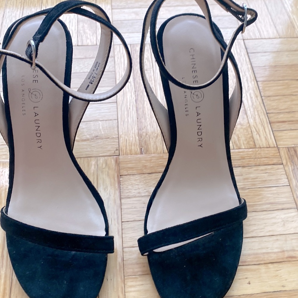 Black suede strap sandals with clear block heel. Gently worn in great condition.